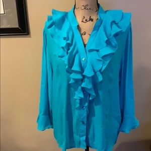 North Style XL Teal Blue Ruffled Collar Blouse